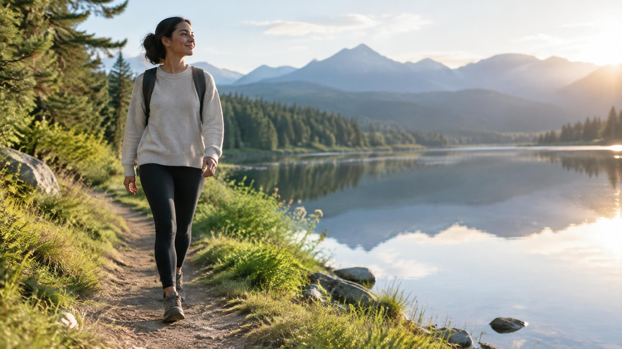 person walking in nature reflecting