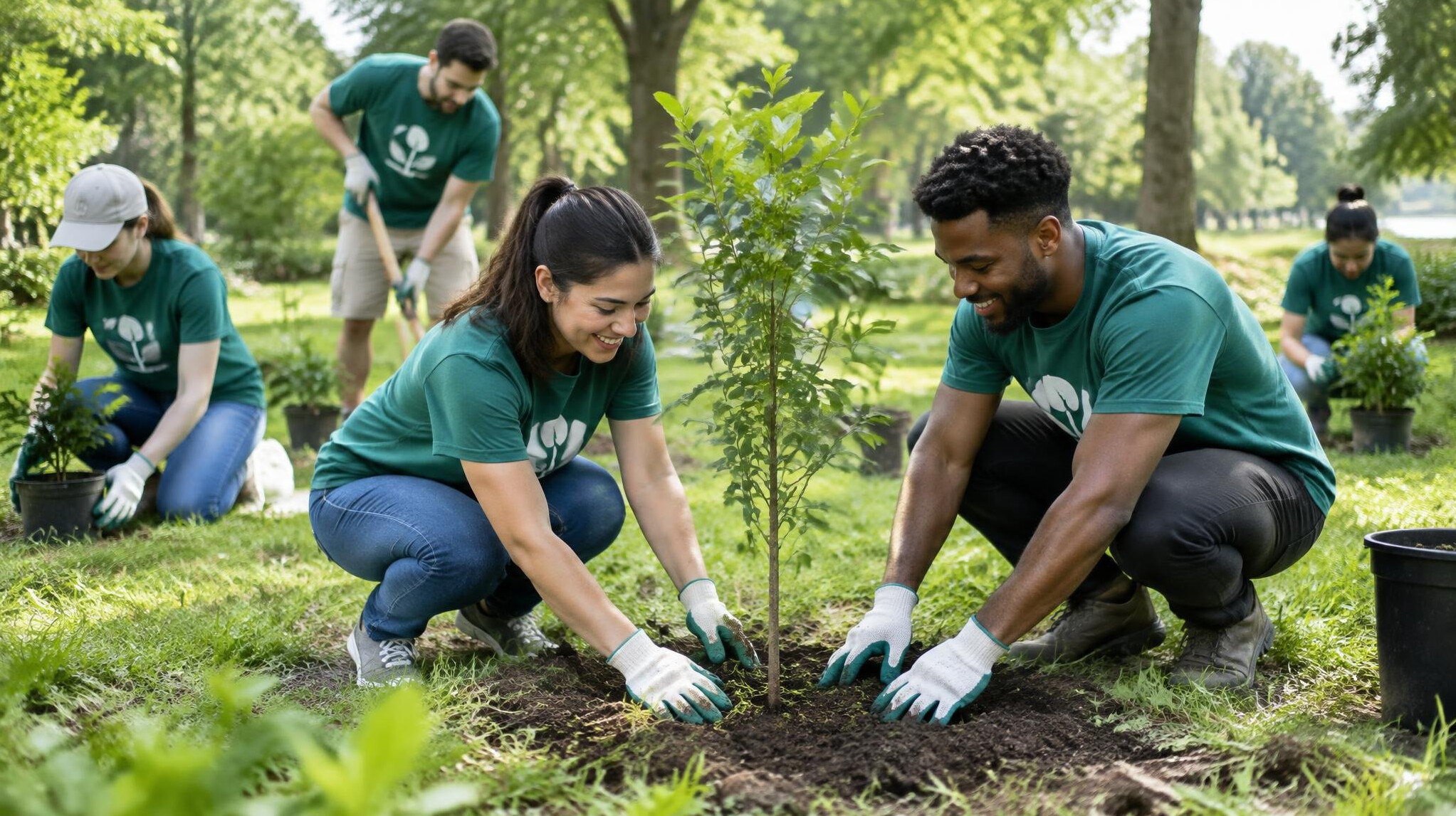 people planting trees outdoors