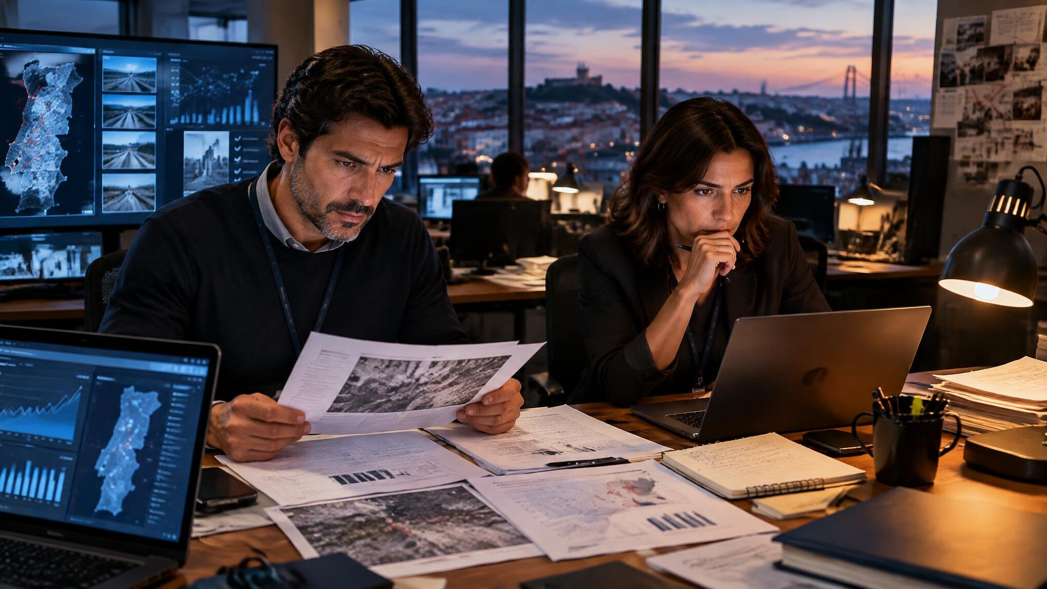 Journalists reviewing documents and data on screens in a newsroom